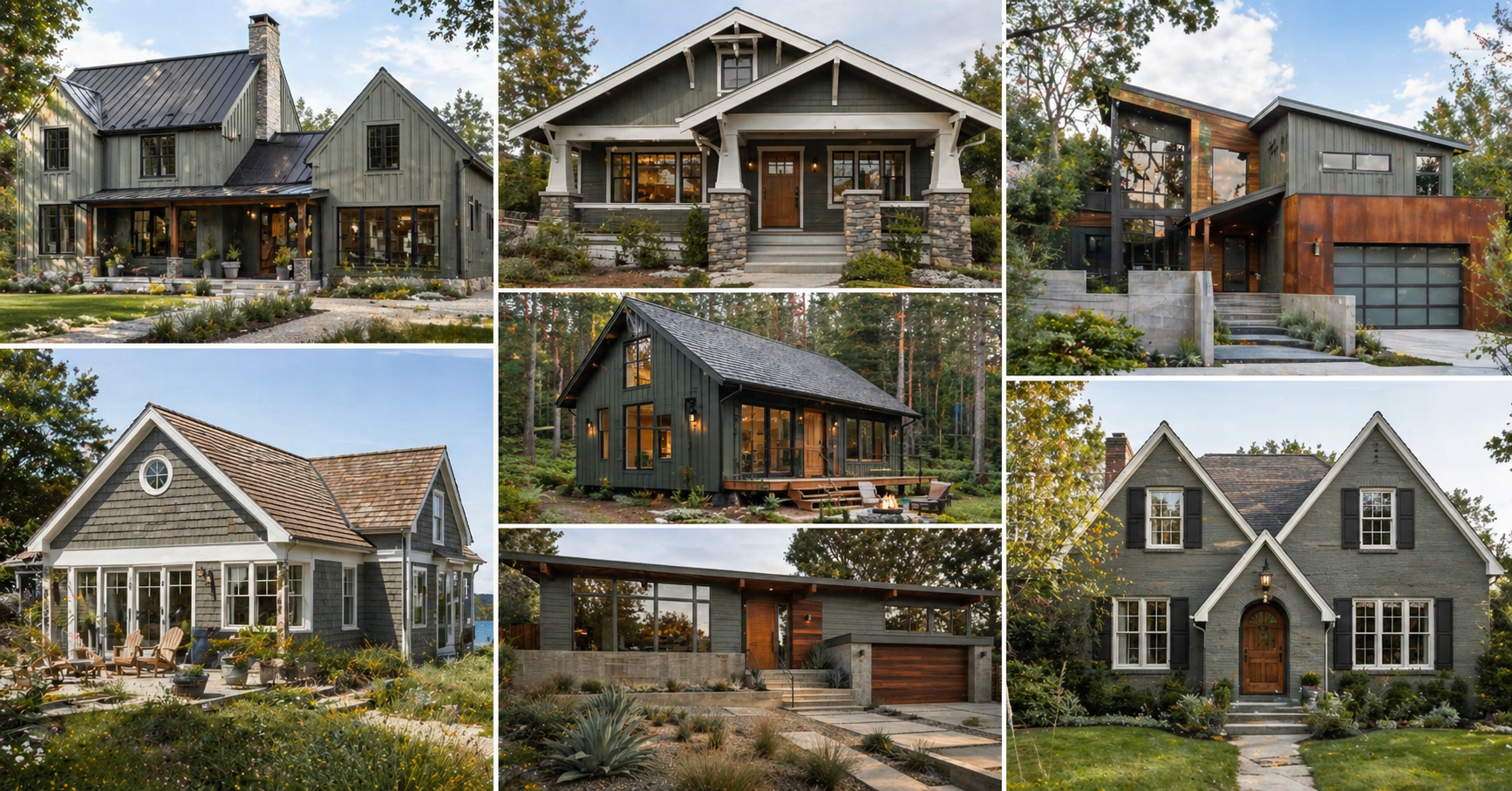 Pewter green house exterior ideas collage showing seven different architectural styles including modern farmhouse, craftsman, and coastal cottage designs