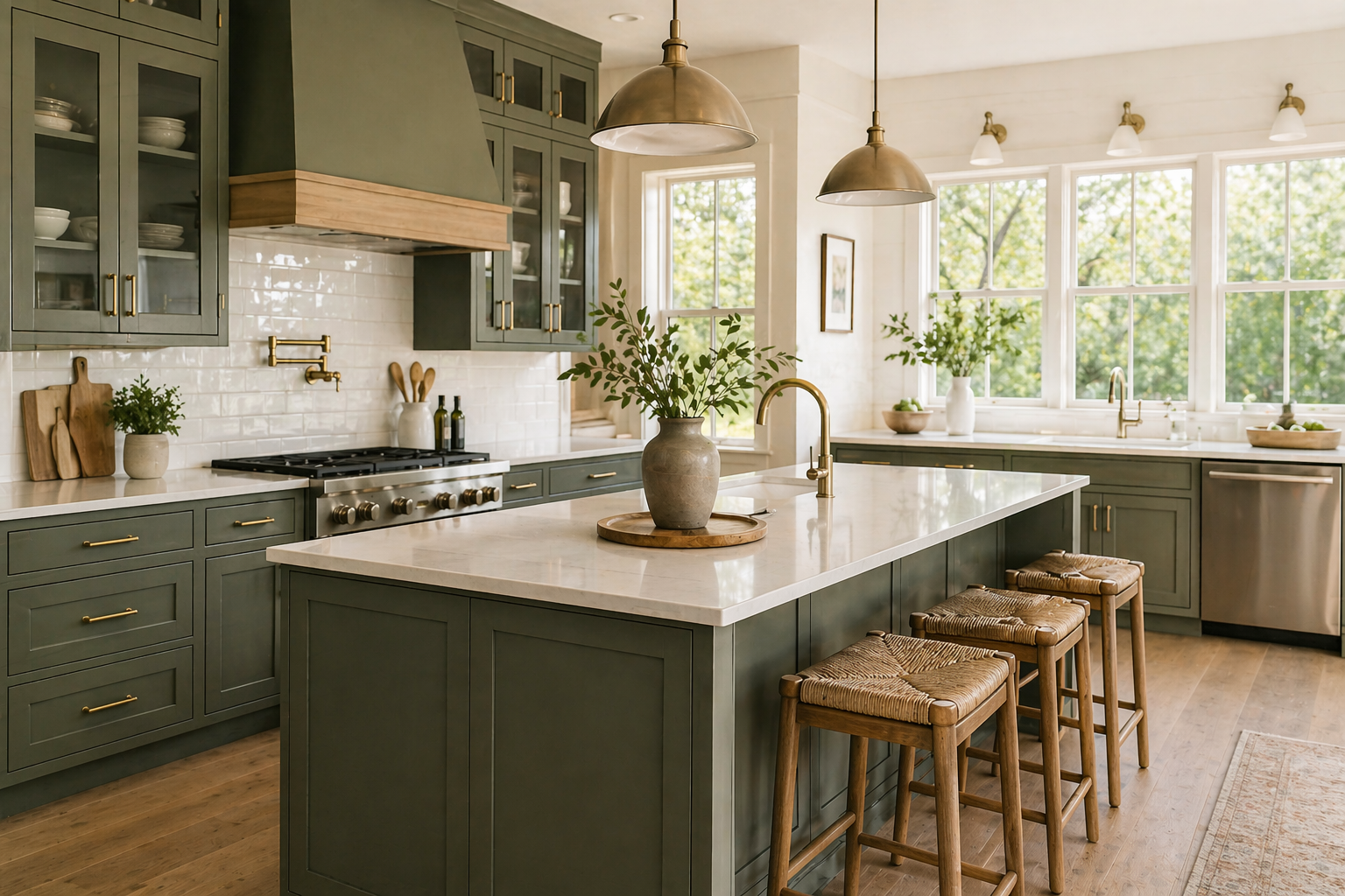 pewter green kitchen cabinets with brass hardware and white countertops