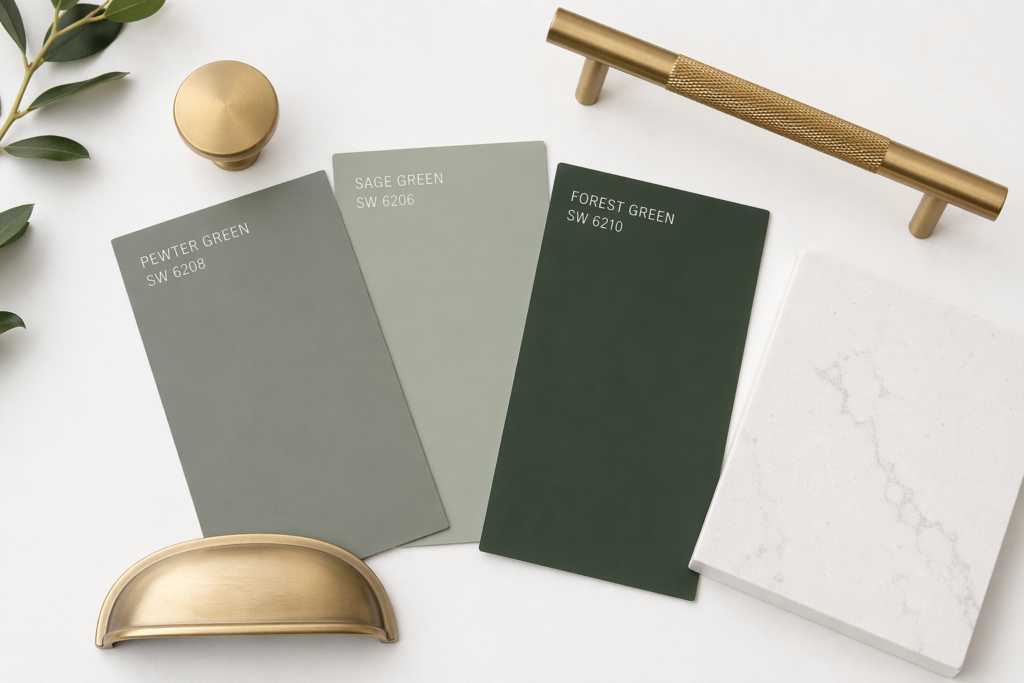  pewter green kitchen cabinet color swatches compared to sage and forest green