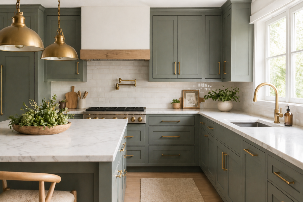 pewter green shaker kitchen cabinets with brass hardware and white marble countertops-Pewter Green Kitchen Cabinet Ideas