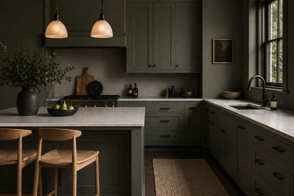 moody monochrome pewter green kitchen cabinets and walls with matte black hardware