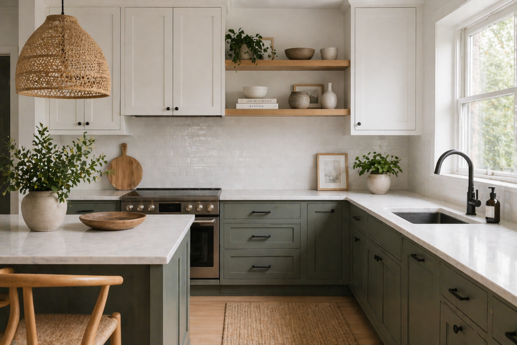 two-tone kitchen with pewter green lower cabinets and white upper cabinets with oak shelving