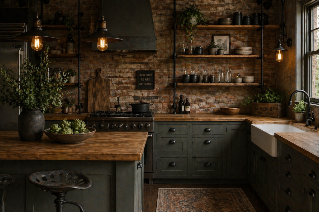 rustic industrial pewter green kitchen cabinets with brick backsplash and butcher block countertops