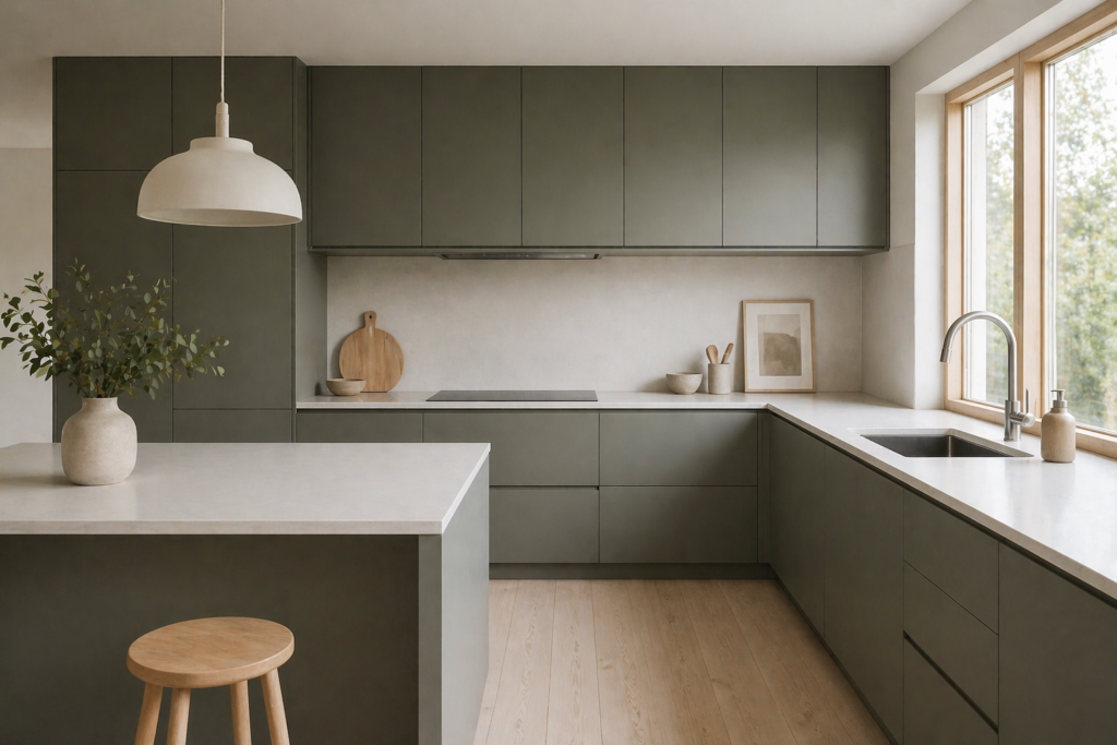 Scandinavian minimalist pewter green kitchen cabinets with flat panel doors and white countertops