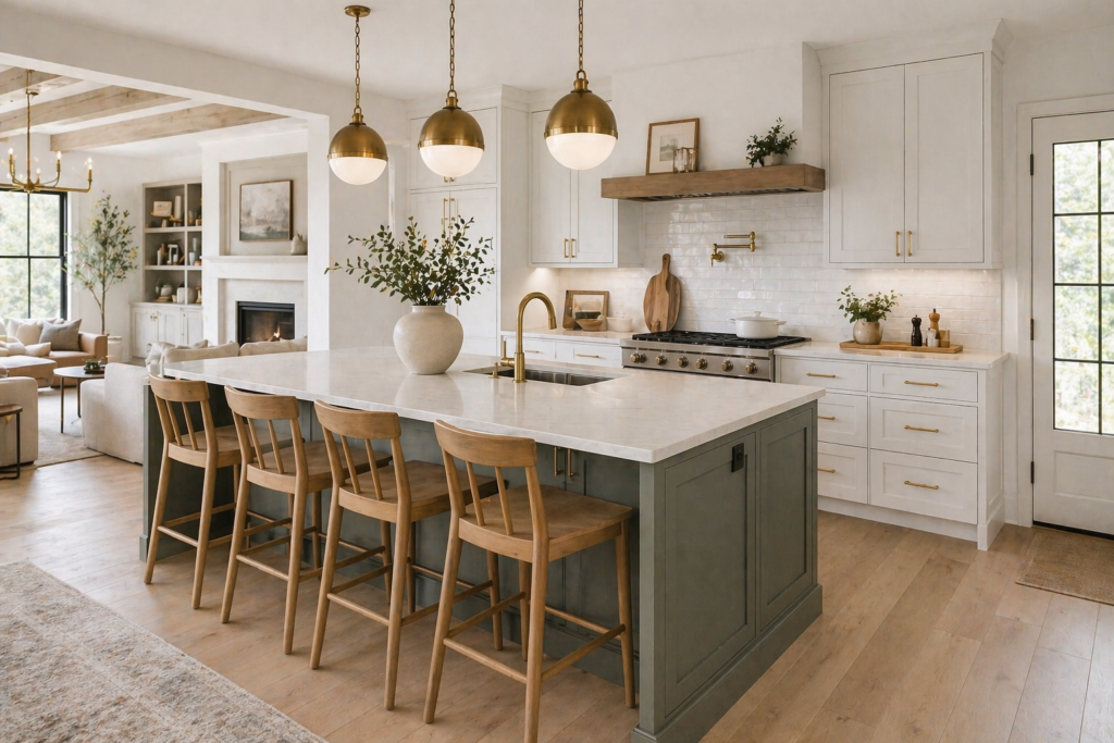 pewter green kitchen island with white perimeter cabinets and brushed brass pendant lights
