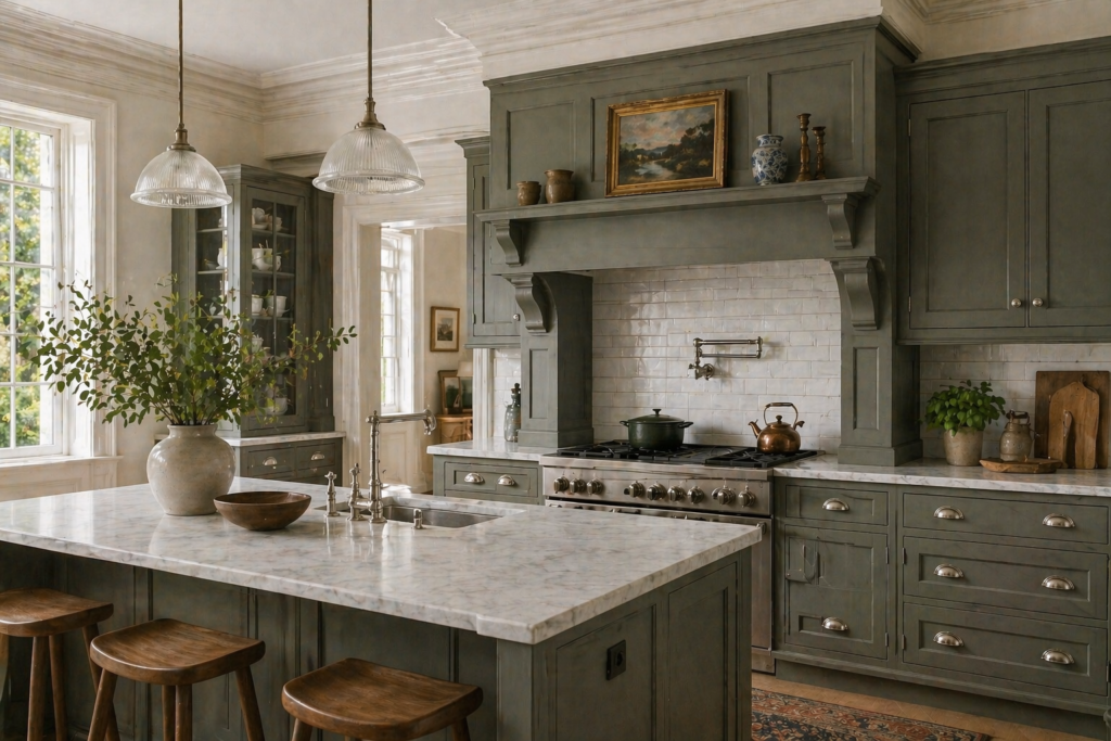 traditional inset pewter green kitchen cabinets with polished nickel hardware and marble countertops