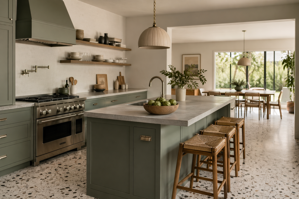 open-plan pewter green kitchen cabinets with terrazzo floors and white open shelving