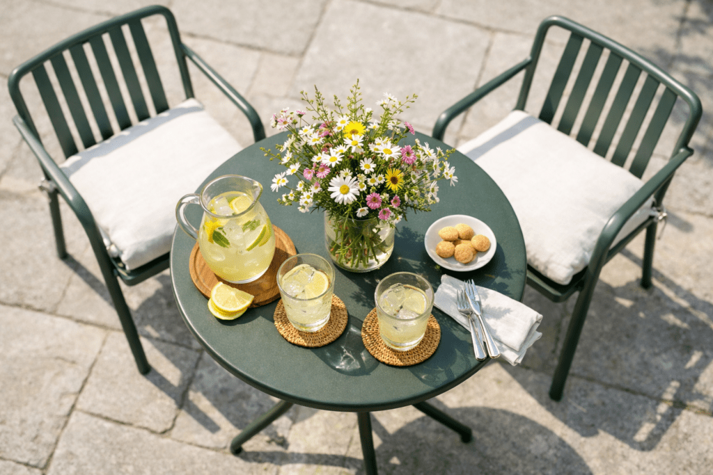 Pewter green patio furniture with powder-coated metal dining chairs and bistro table on limestone
