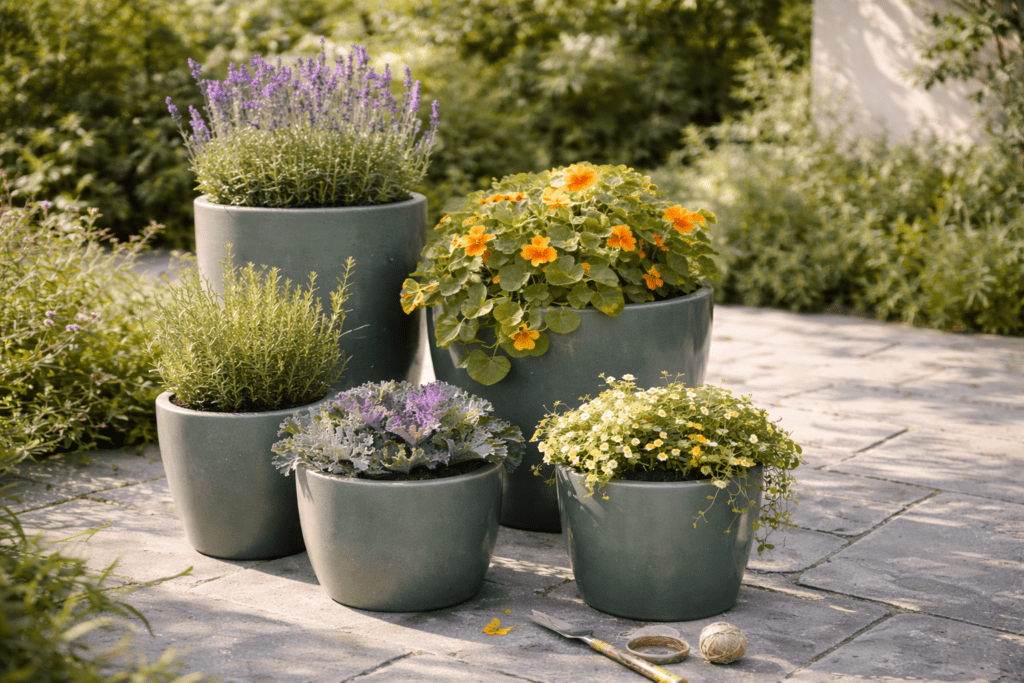 Pewter green planters on a patio filled with lavender and rosemary in graduated heights