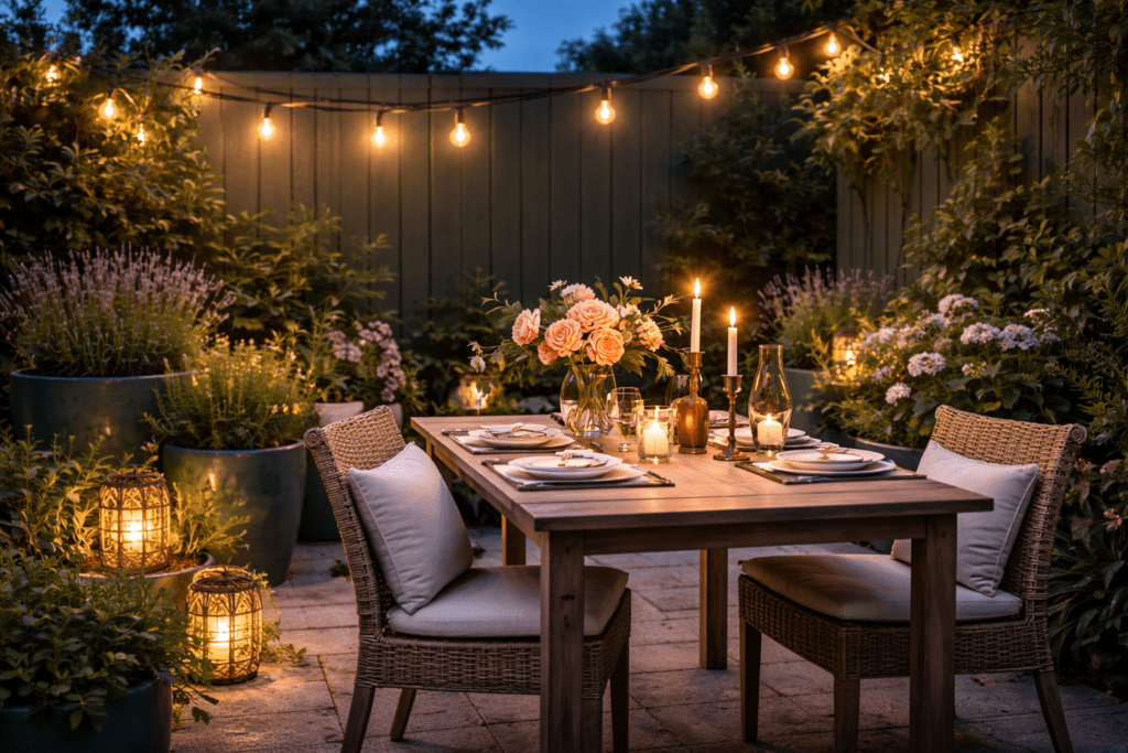 Pewter green patio ideas at dusk with Edison string lights and solar lanterns