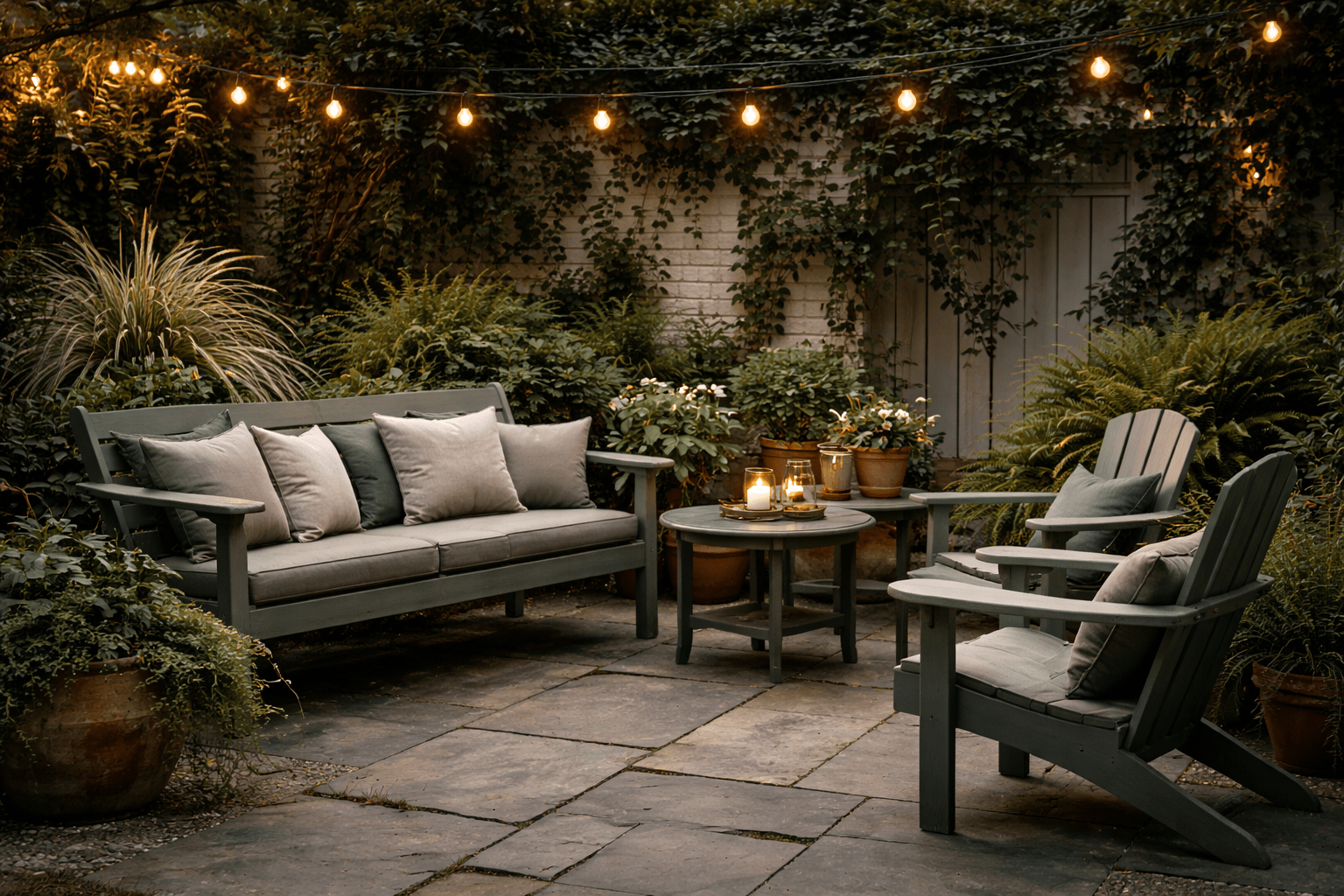 Pewter green patio ideas featuring painted garden furniture, stone flags, and warm string lights
