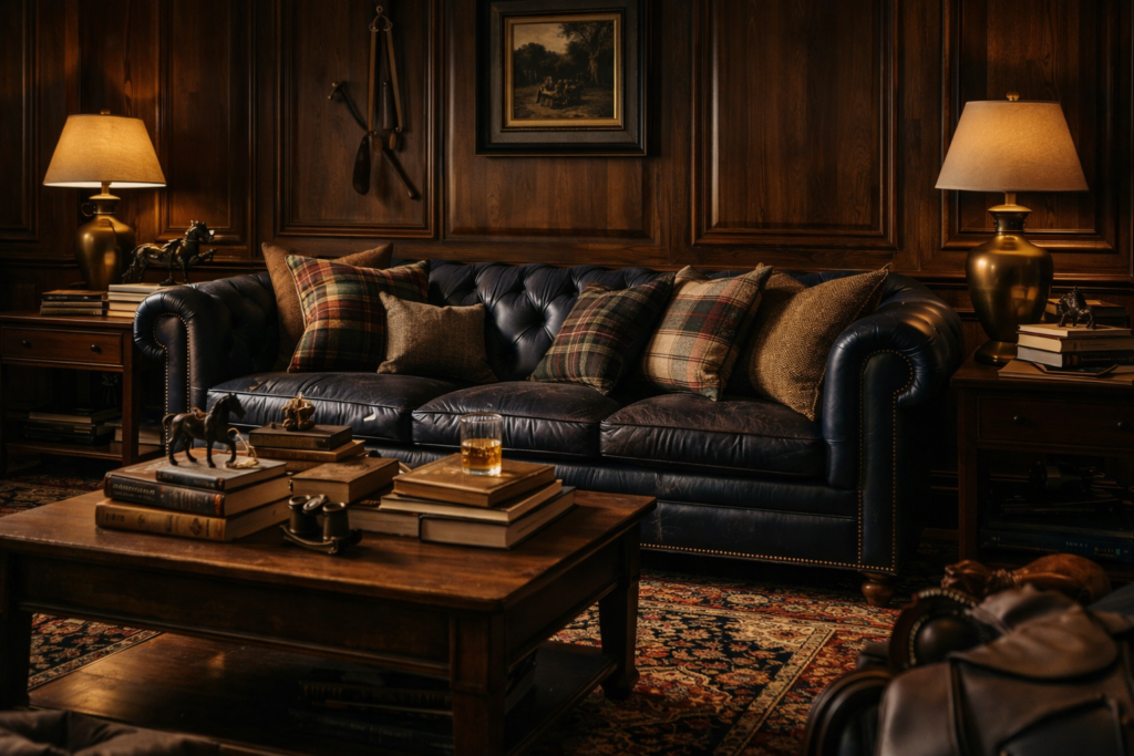 Ralph Lauren home living room with navy leather Chesterfield sofa, layered plaid cushions, Persian rug, and warm ambient lighting