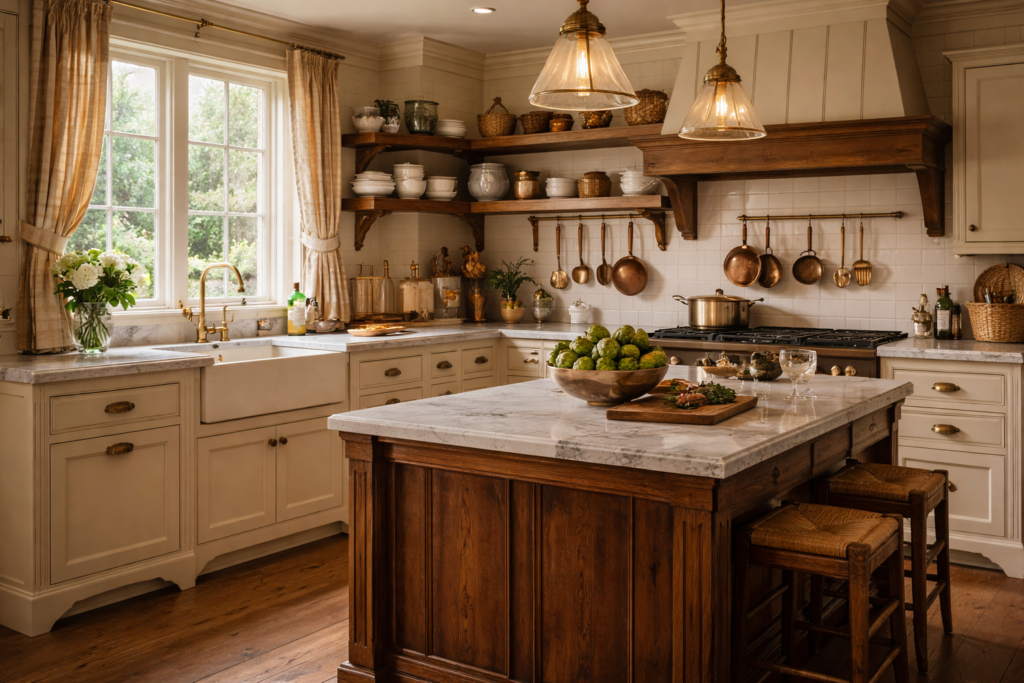 Ralph Lauren home kitchen with cream shaker cabinets, farmhouse sink, marble countertops, and brass hardware details