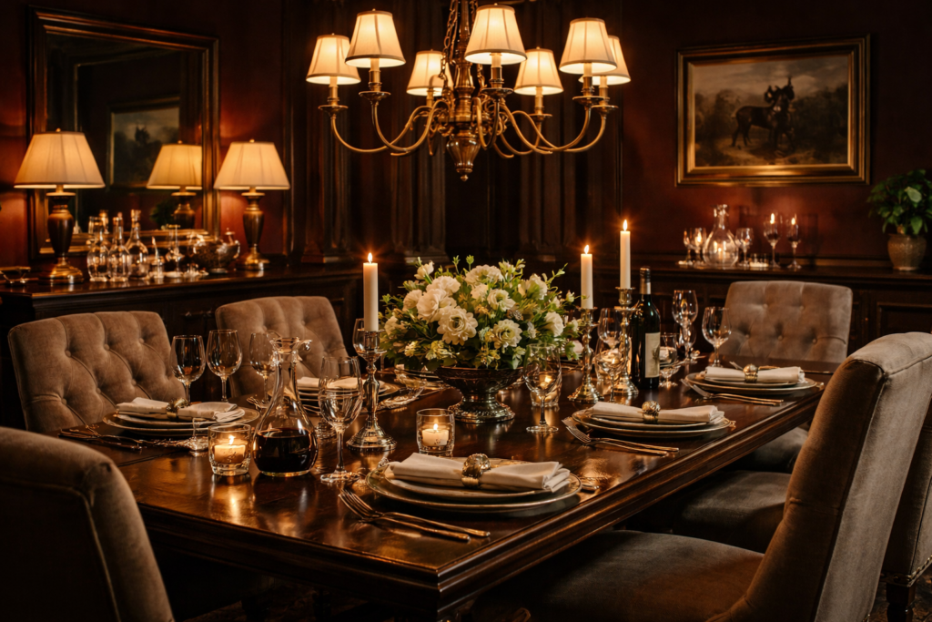 Ralph Lauren home dining room with dark burgundy walls, wooden table, brass chandelier, and candlelit atmosphere