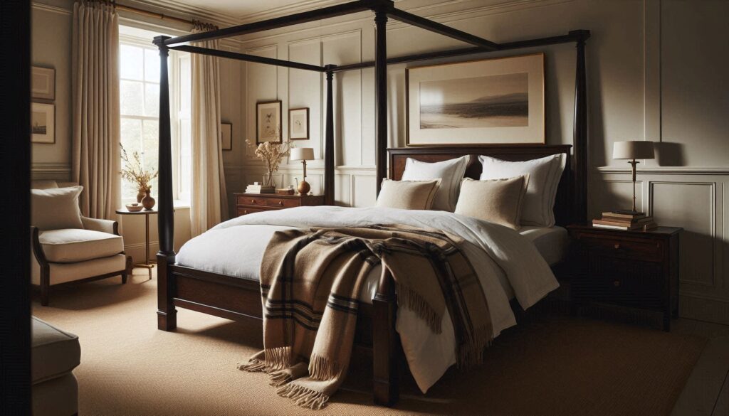 Ralph Lauren home bedroom with four-poster bed, layered neutral bedding, plaid throw, and soft warm lighting