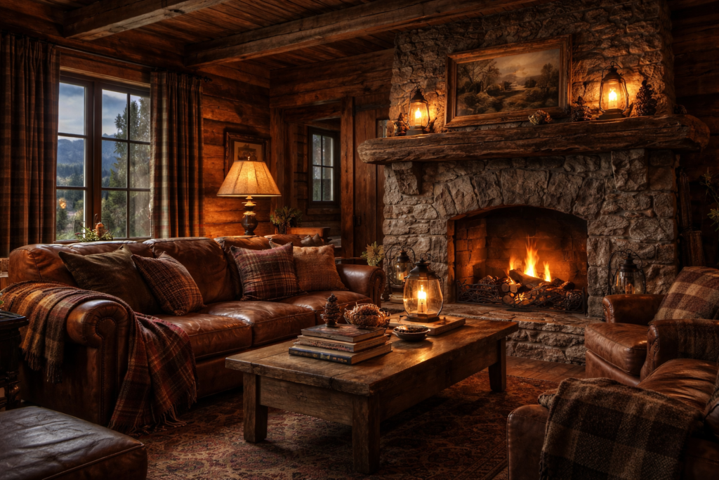 Ralph Lauren home cabin interior with wood paneling, leather sofa, plaid textiles, and stone fireplace