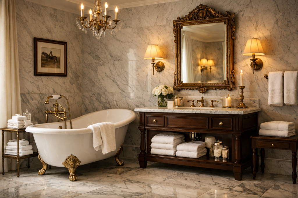 Ralph Lauren home bathroom with clawfoot tub, marble surfaces, brass fixtures, and classic luxury styling