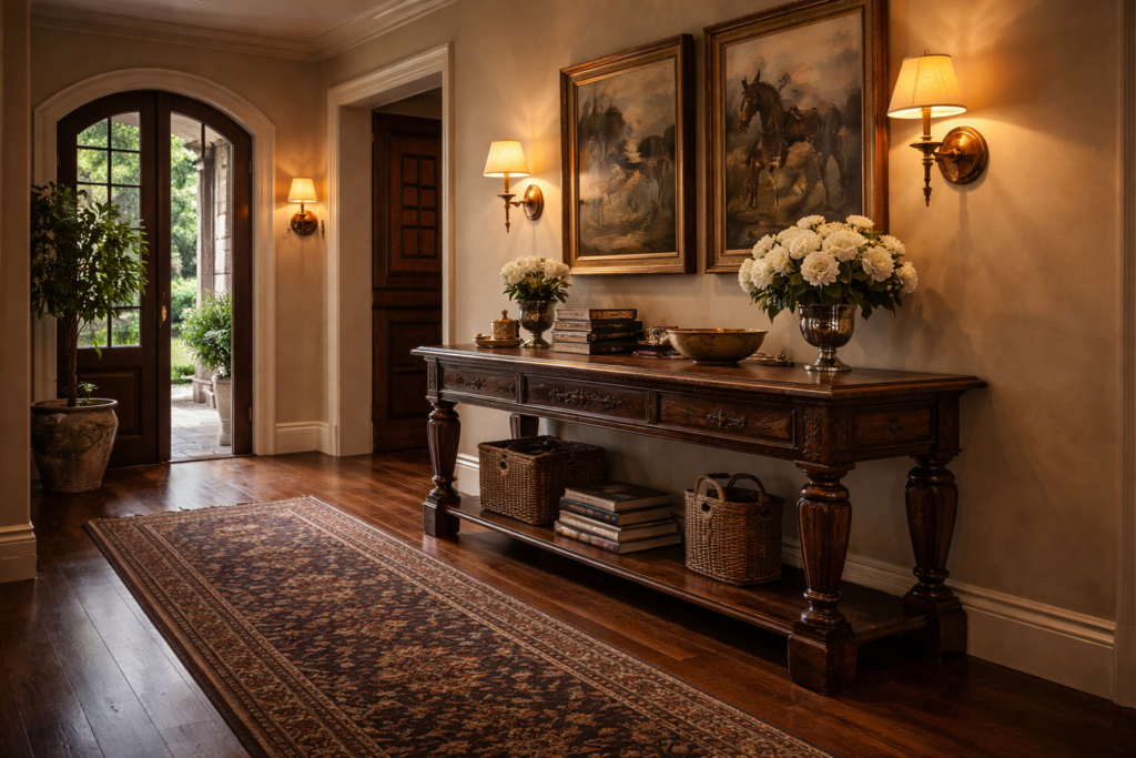 Ralph Lauren home entryway with dark wood console table, antique artwork, Persian runner, and brass sconces