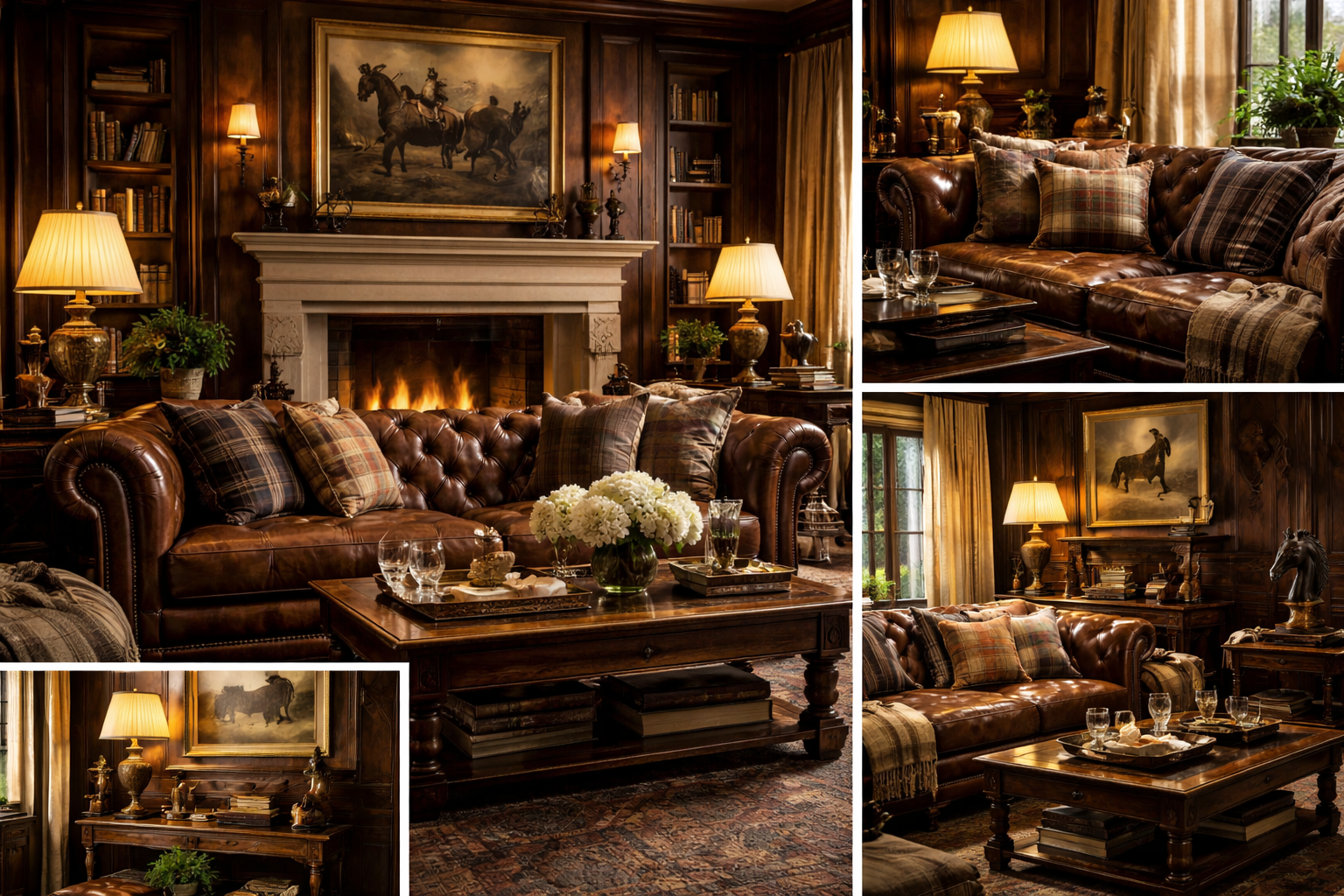 Ralph Lauren home interior design with leather furniture, dark wood, layered textiles, and warm luxury aesthetic