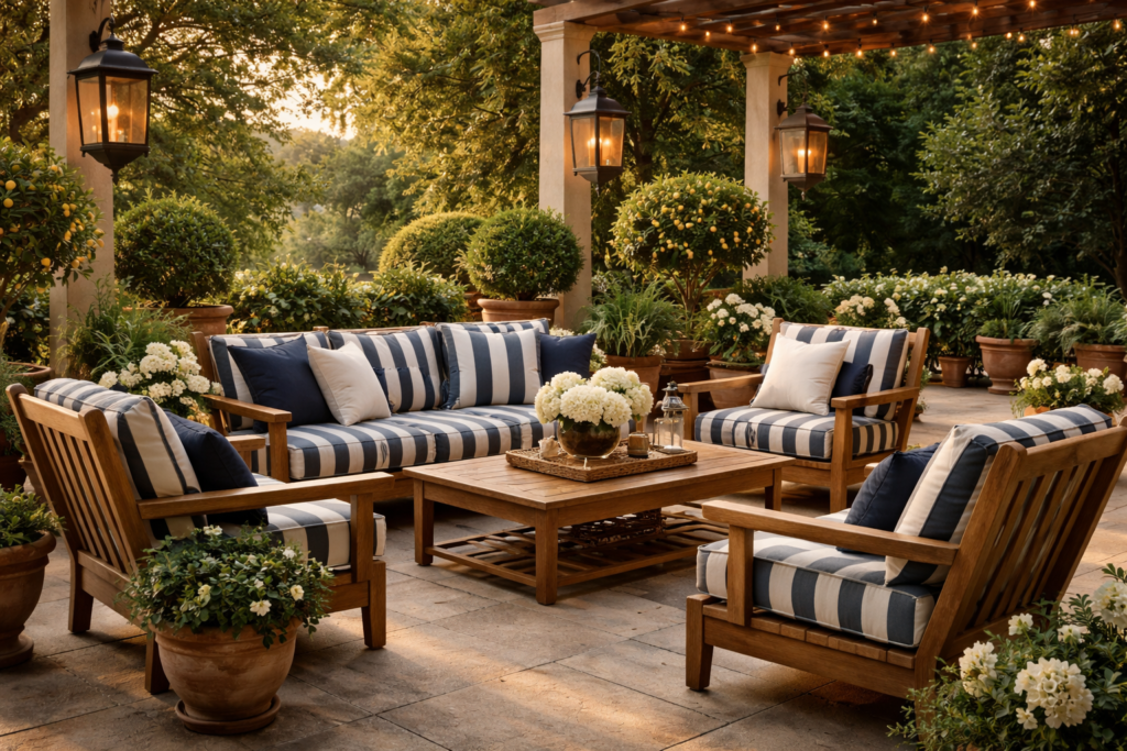 Ralph Lauren home outdoor patio with teak furniture, striped cushions, lanterns, and classic garden styling