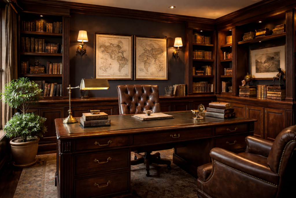 Ralph Lauren home office with dark wood desk, leather chair, brass lamp, and vintage-inspired workspace