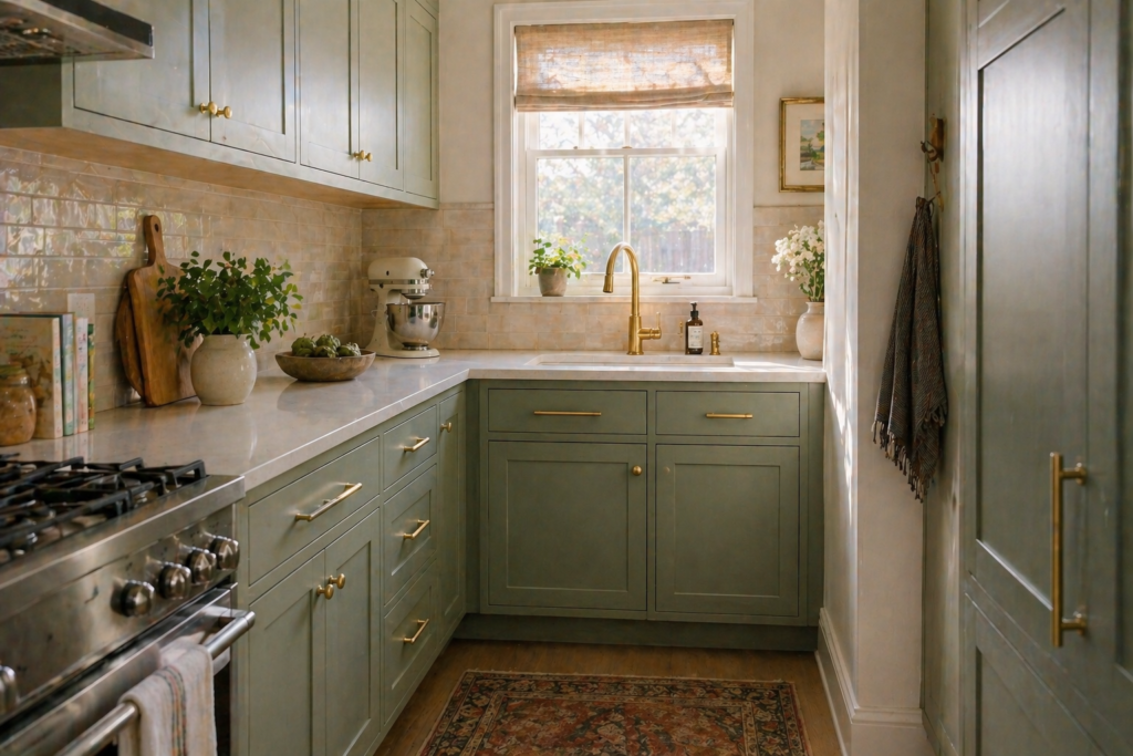 Sage green cabinets small kitchen ideas 2026 brass hardware