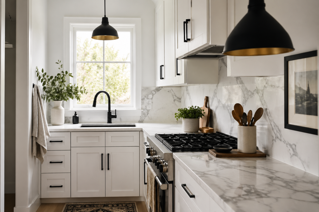 Black accents small kitchen ideas 2026 modern contrast
