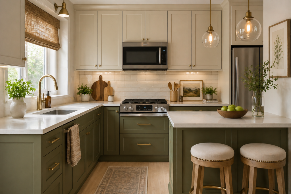 Two-tone small kitchen ideas 2026 with cream and olive green cabinetry
