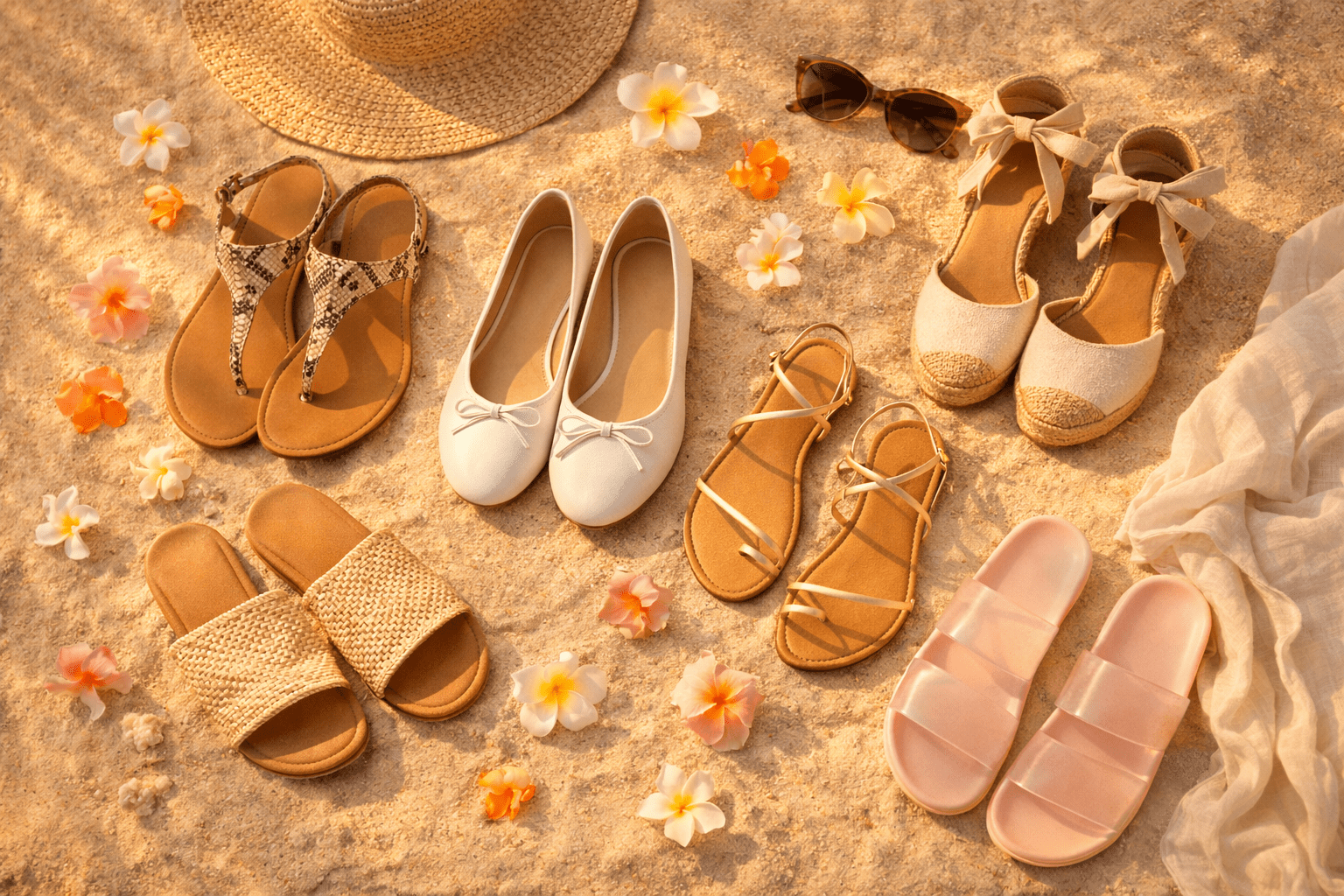 summer footwear ideas 2026 cute trendy women styles flat lay sandals ballet flats raffia slides