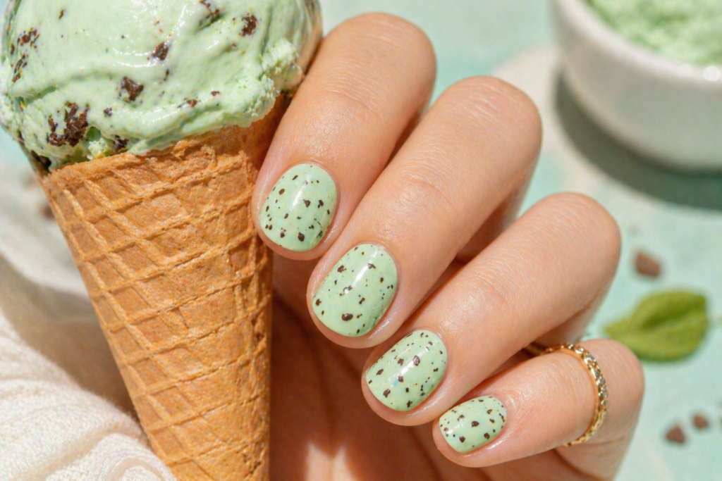  Mint chip ice cream summer nail color 2026 short round nails green brown dots playful summer nail design
