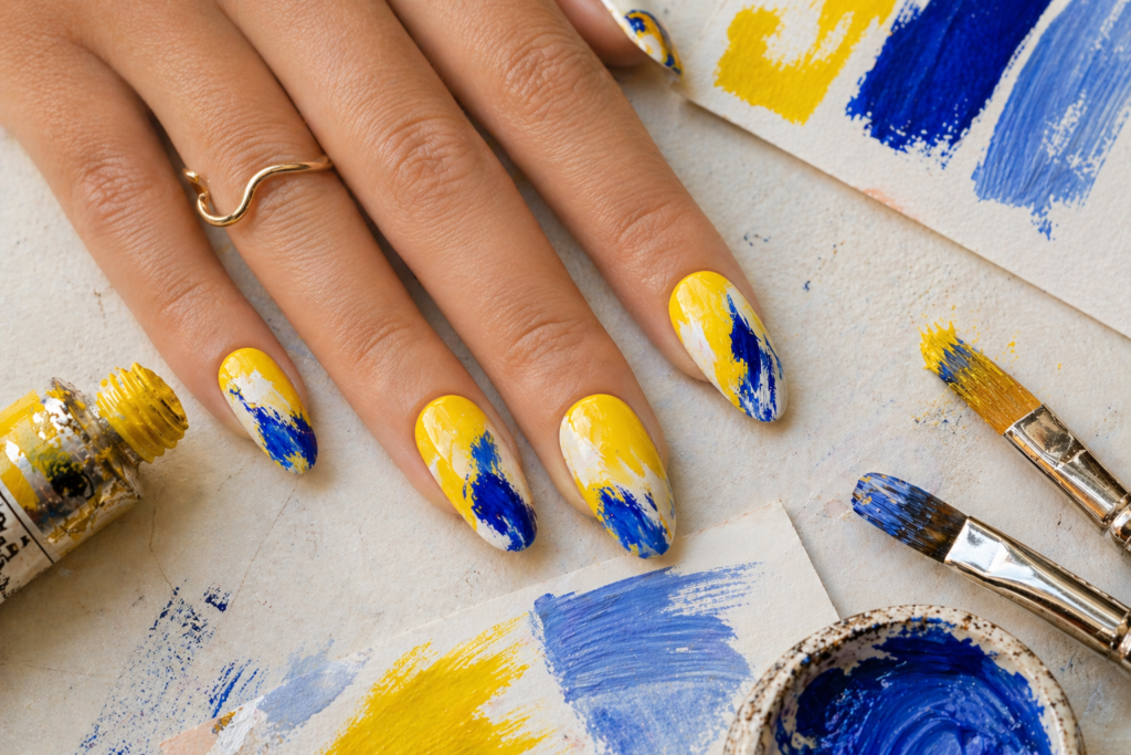 Lemon yellow abstract summer nail ideas 2026 artistic nail design almond nails summer nail color