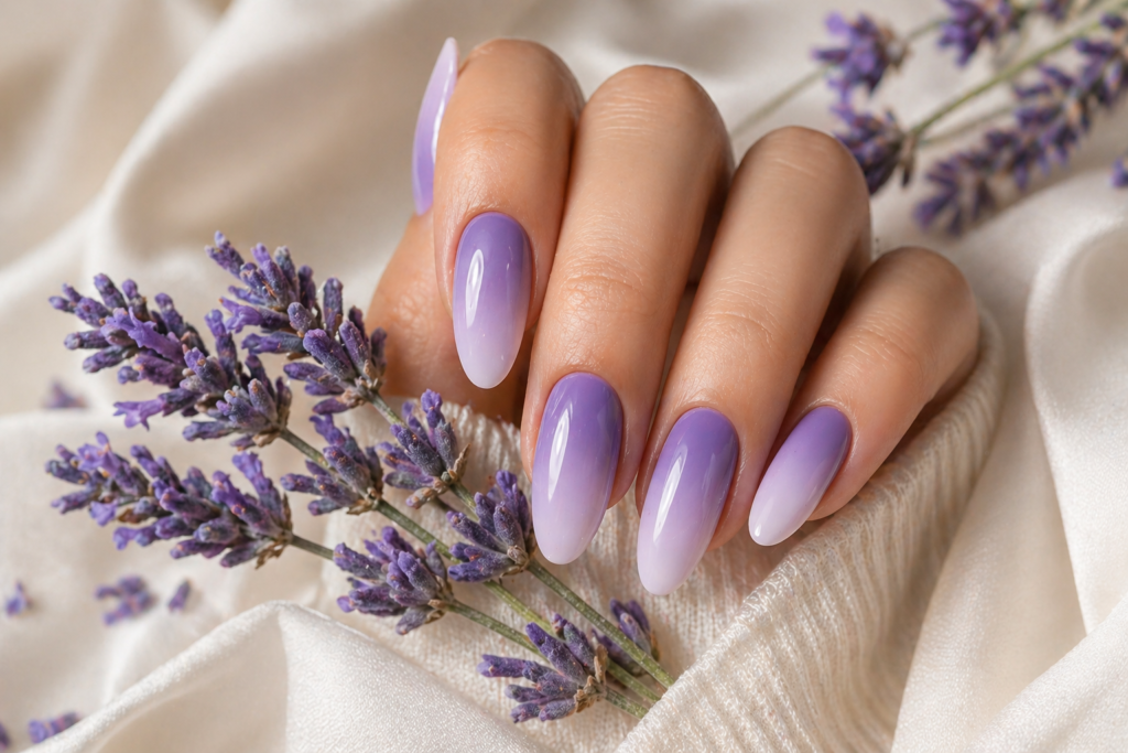 Lavender lilac gradient summer nail design 2026 long oval nails purple ombre summer nail color