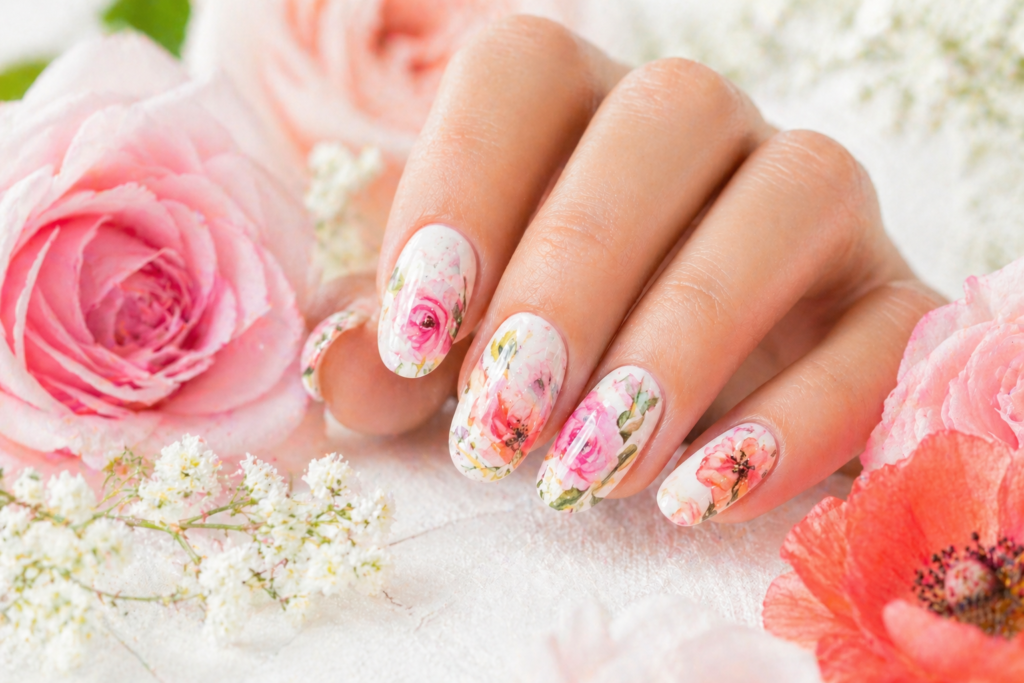 Watercolor floral summer nail ideas 2026 oval nails pink coral botanical nail art summer design