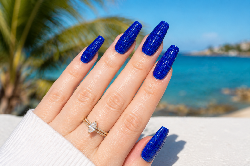  Cobalt blue crocodile texture summer nail design 2026 coffin nails 3D nail art summer nail color
