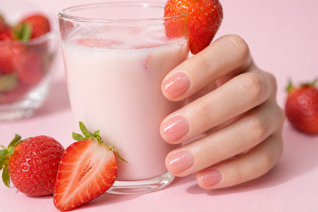 Strawberry milk summer nail color 2026 short nails sheer pink jelly finish soft summer nail ideas
