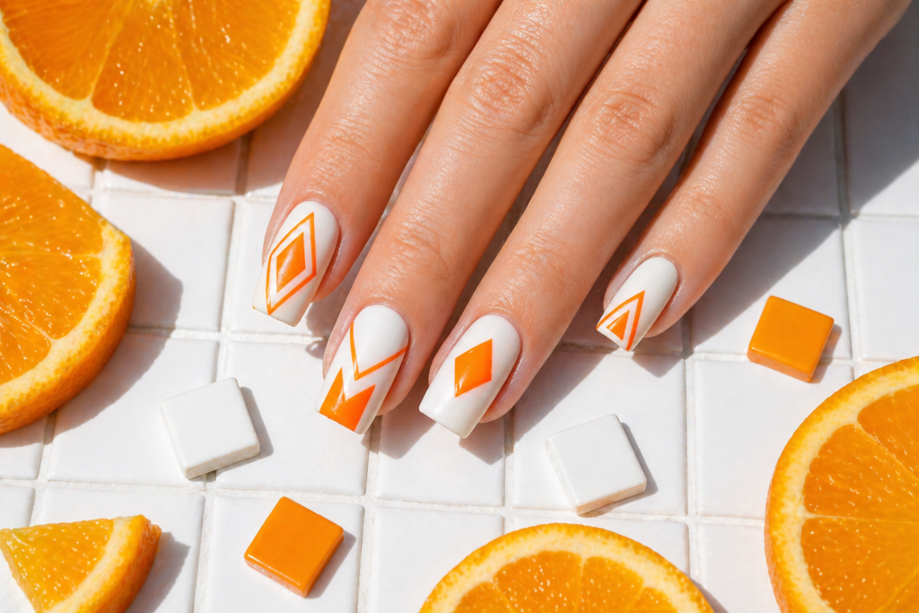 Electric orange geometric summer nail ideas 2026 modern nail design square nails summer nail color