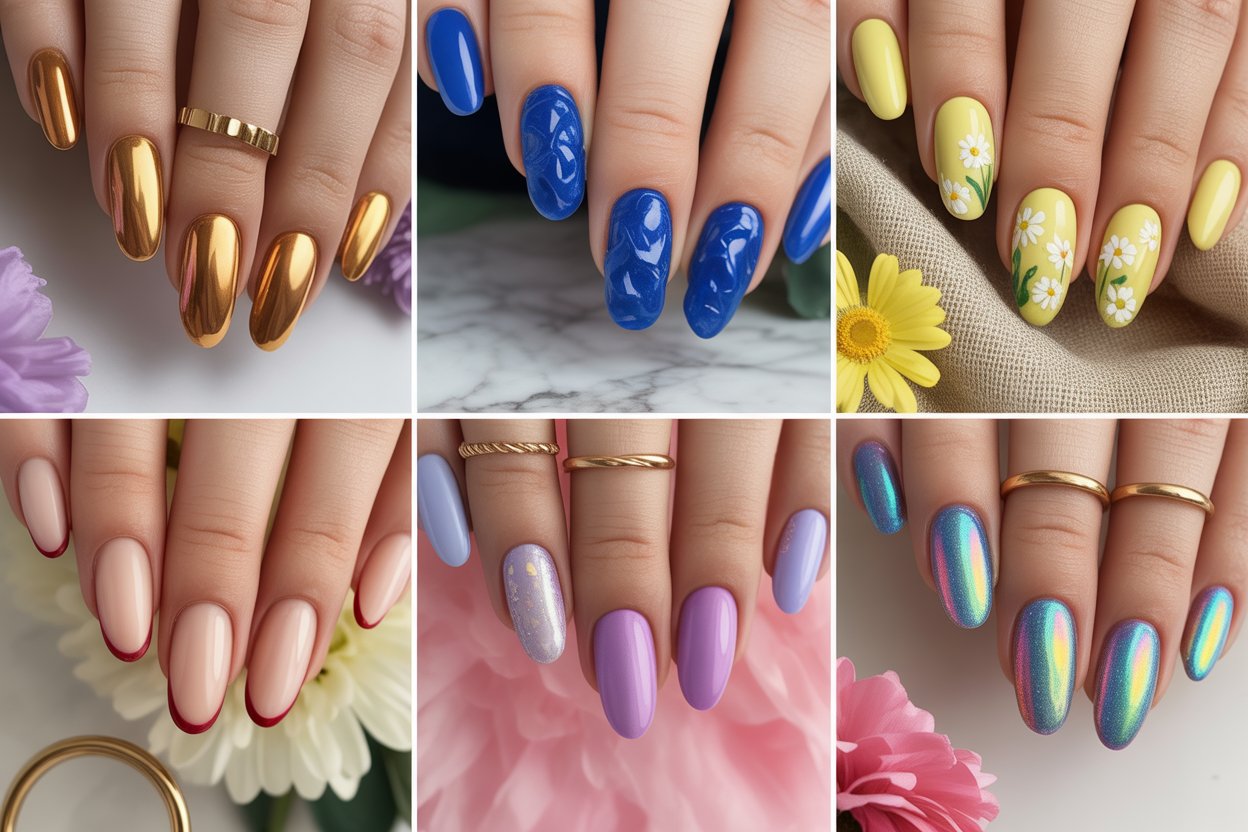 Summer nail ideas 2026 featured collage showing six trending nail designs — molten gold chrome, cobalt blue 3D textured, butter yellow daisy floral, nude with red French tips, purple lavender ombre, and teal holographic — on elegant almond-shaped nails with pastel backgrounds and floral props, magazine editorial beauty photography
