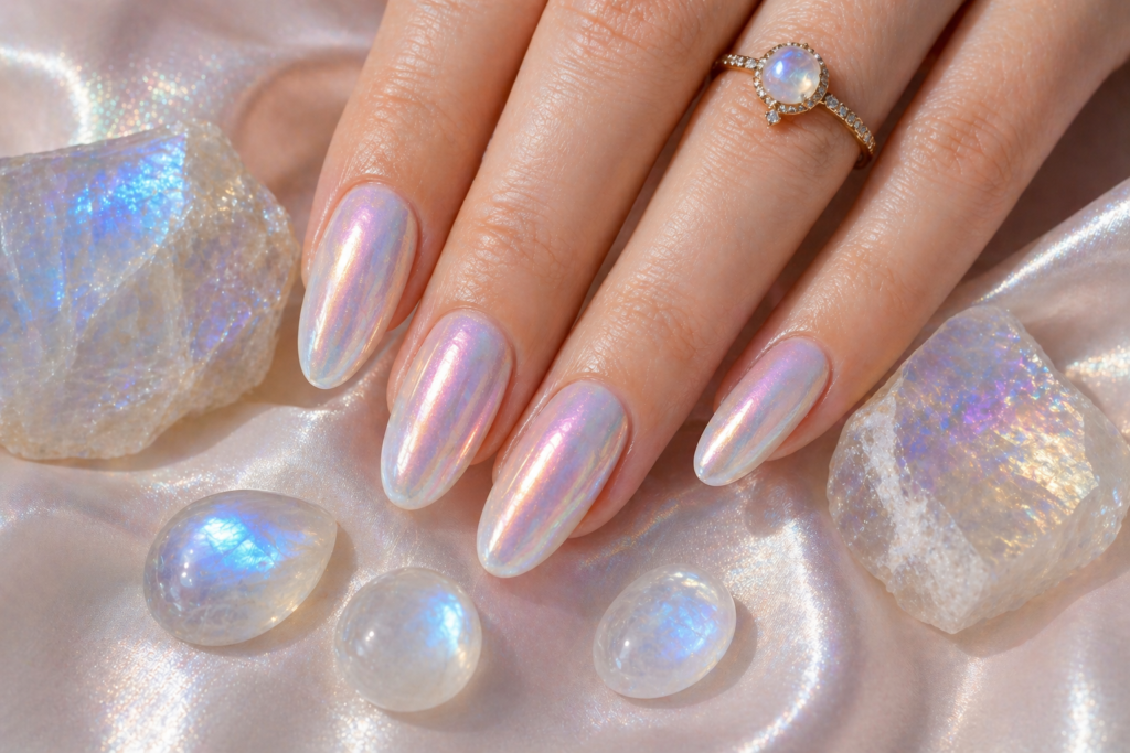Pearl moonstone iridescent summer nail design 2026 long oval nails color shift shimmer summer nail ideas