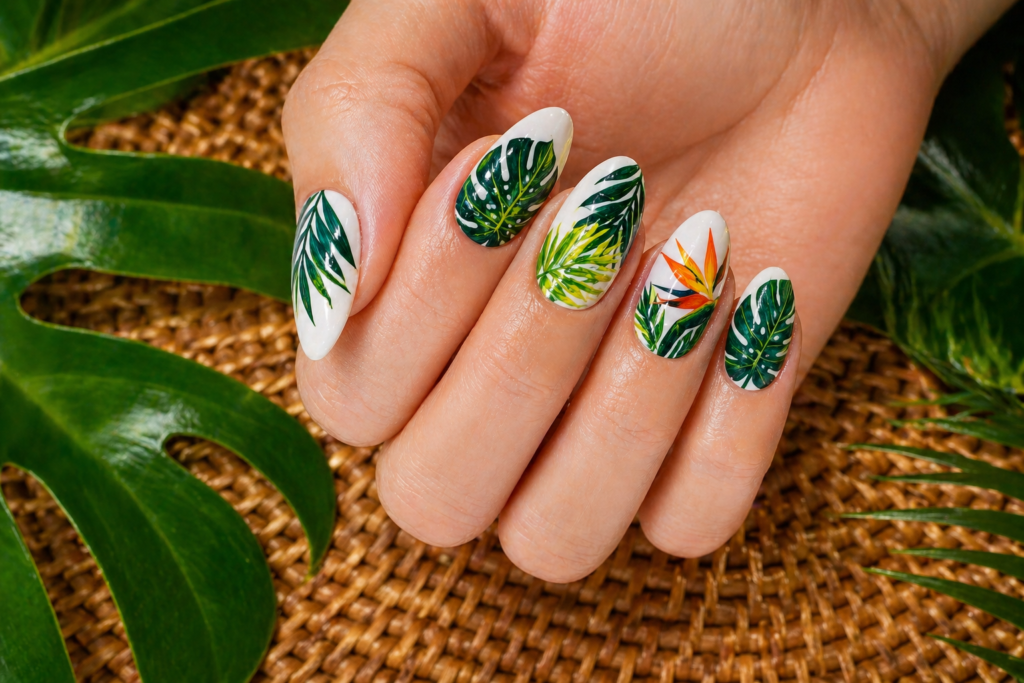 Tropical leaf nail art summer nail ideas 2026 almond nails botanical green summer nail design