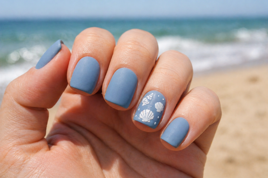  Coastal grandmother blue summer nail design 2026 short square nails soft denim blue color