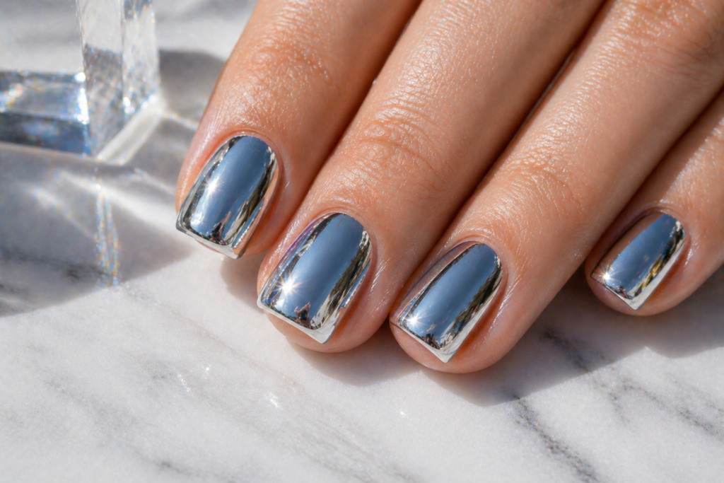 Silver mirror chrome summer nail color 2026 short square nails metallic summer nail design