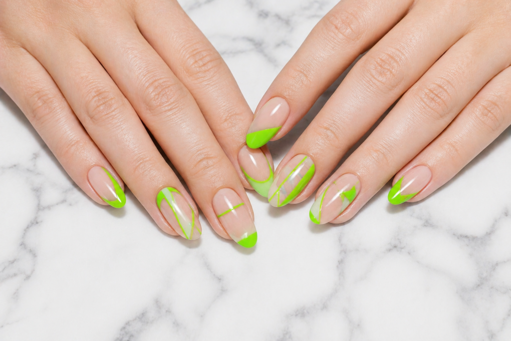 Neon green negative space summer nail ideas 2026 bold geometric nail art on oval nails