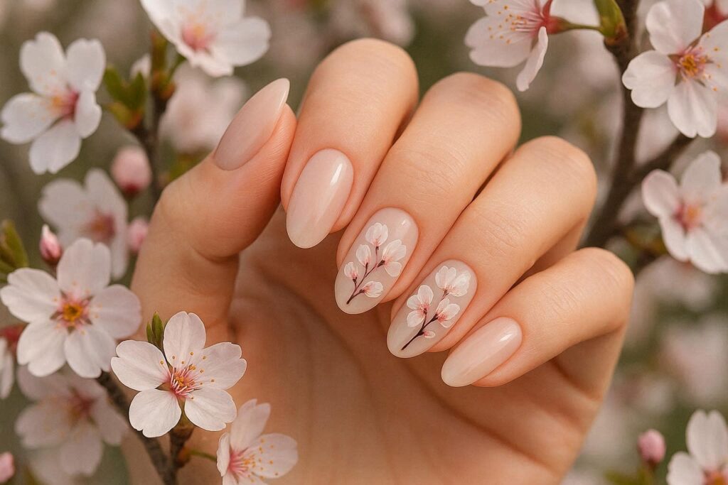 Cherry blossom pink summer nail ideas 2026 romantic nail design oval nails summer nail color