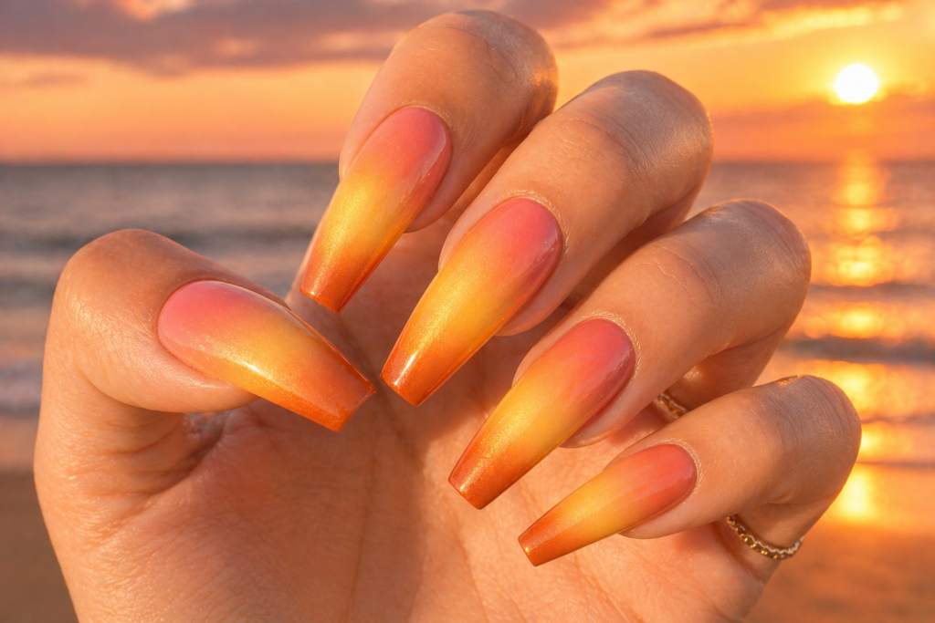  Sunset ombre summer nail color 2026 on coffin nails coral yellow orange gradient design