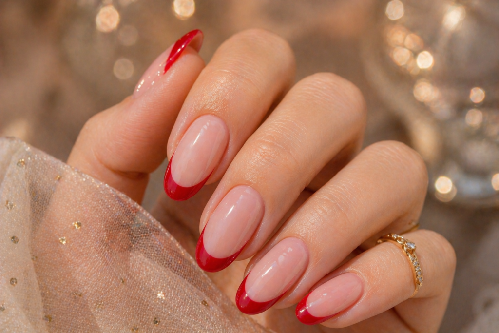 Cherry red French tip summer nail design 2026 on long oval nails glamorous summer nail color