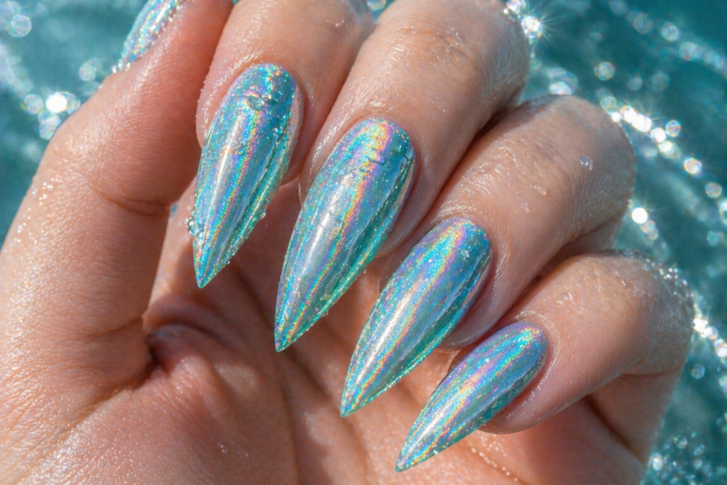  Aqua holographic summer nail ideas 2026 stiletto nails iridescent chrome summer nail design