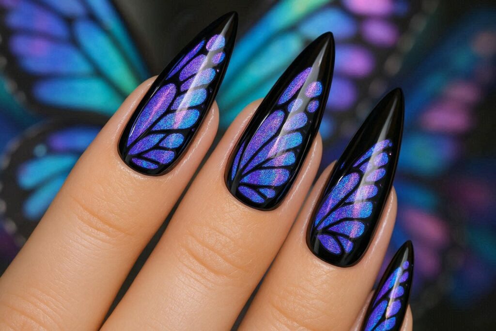Y2K butterfly summer nail ideas 2026 stiletto nails iridescent holographic summer nail design nostalgic