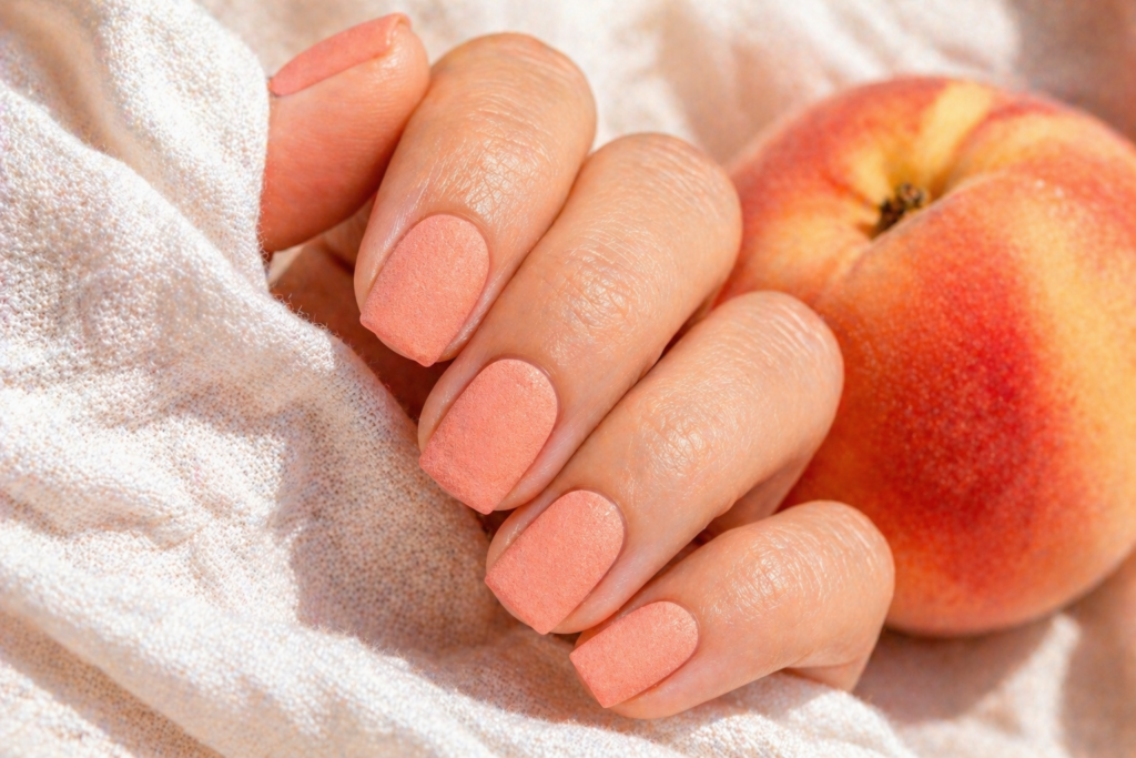 Peach fuzz pastel summer nail color 2026 suede matte finish square nails summer nail ideas