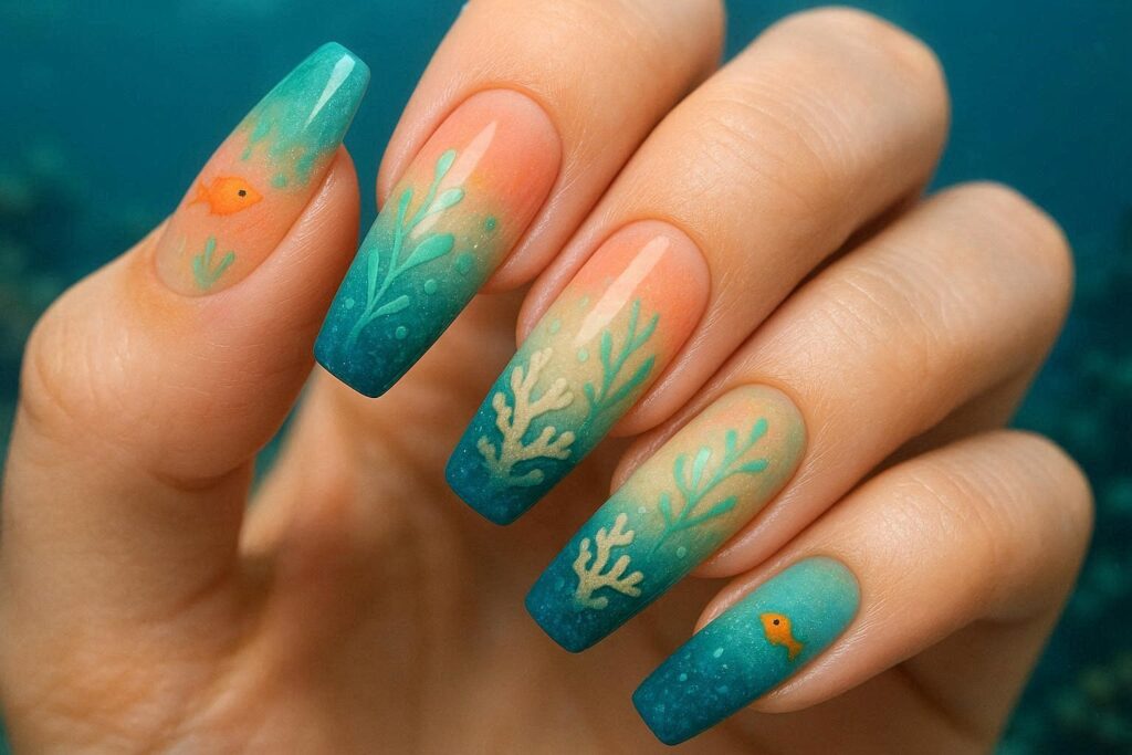 Coral reef gradient summer nail design 2026 coffin nails ocean color summer nail ideas underwater