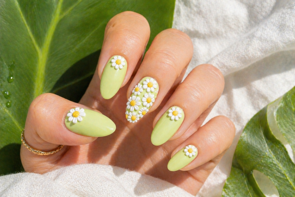 White daisy 3D nail art summer nail design 2026 almond nails cottagecore floral summer nail ideas